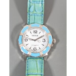DEDIA Swiss Made Women's Watch Genuine Diamond‎ Bezel Blue Green Leather 7.5"
